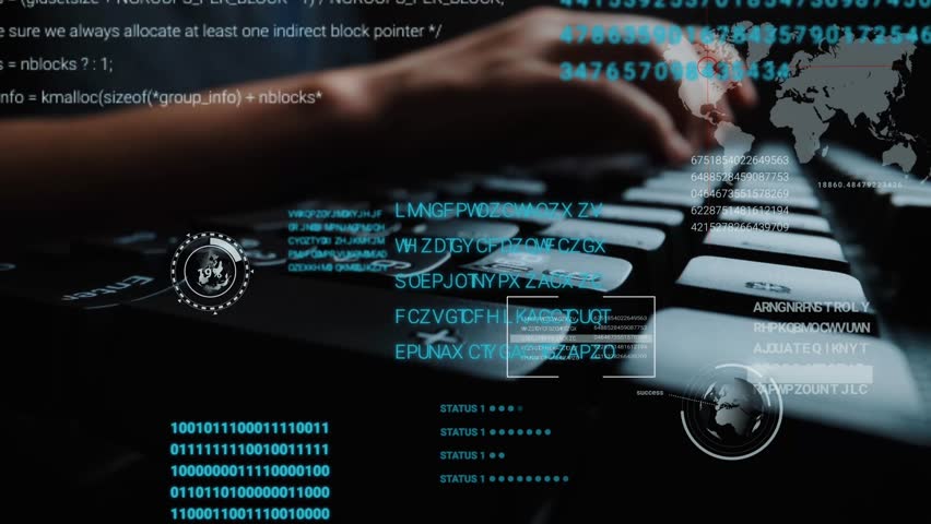 Time lapse of man working on laptop computer keyboard with graphic user interface GUI hologram showing big data science technology, digital network connection and computer programming algorithm. Glean