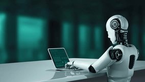 AI robot huminoid uses cloud computing technology to store data on online server . Futuristic concept of cloud information storage analyzed by machine learning process . 3D rendering . - Powered by Shutterstock - Get 15% off with code: PIKWIZARD15