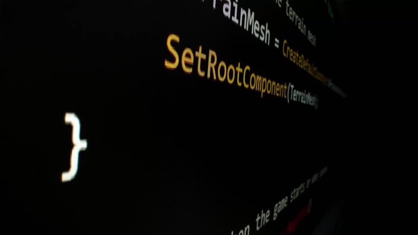 Closeup macro shot movement of coding script moving across LED screen with real-time AI-generated typing, showcasing advanced AI learning in optimization, debug and coding for software development.