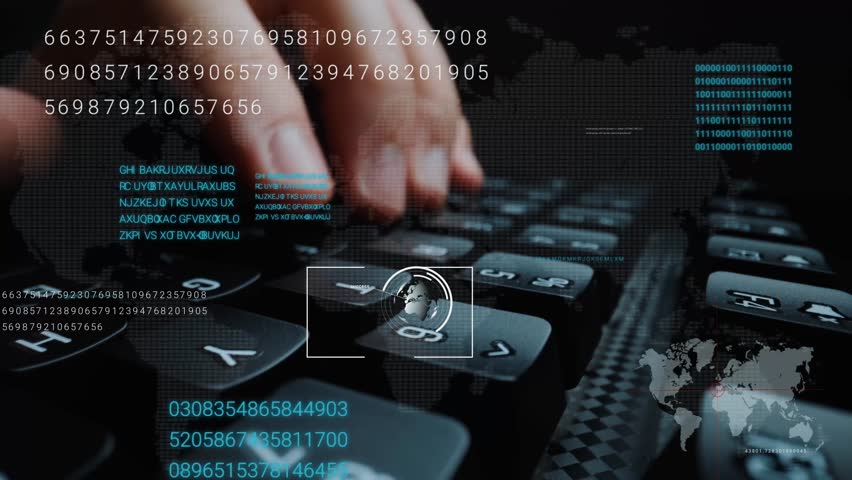 Man working on laptop computer keyboard with graphic user interface GUI hologram showing concepts of big data science technology, digital network connection and computer programming algorithm. Glean