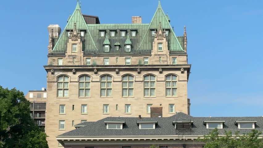 Viewing deck at the Forks in Winnipeg, view of Fort Garry Hotel, Portage and Main, Museum for human rights and winnipeg skyline in summer
