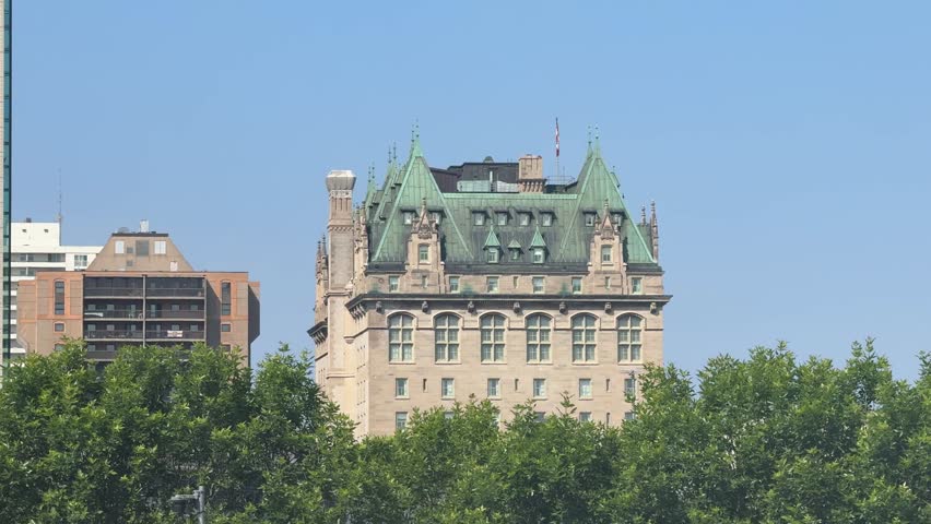Viewing deck at the Forks in Winnipeg, view of Fort Garry Hotel, Portage and Main, Museum for human rights and winnipeg skyline in summer