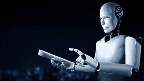 Robot hominoid using tablet computer for big data analytic using AI thinking brain , artificial intelligence and machine learning process for the 4th fourth industrial revolution . 3D rendering. - Powered by Shutterstock - Get 15% off with code: PIKWIZARD15