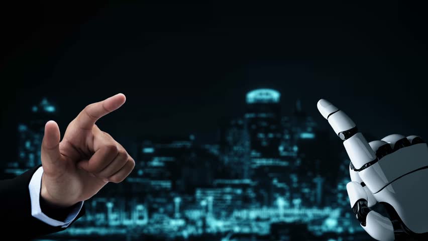 Futuristic robot artificial intelligence enlightening AI technology development and machine learning concept. Global robotic bionic science research for future of human life. 3D rendering graphic.