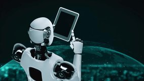 Robot hominoid using tablet computer for global network connection using AI thinking brain , artificial intelligence and machine learning process for 4th industrial revolution . 3D rendering. - Powered by Shutterstock - Get 15% off with code: PIKWIZARD15