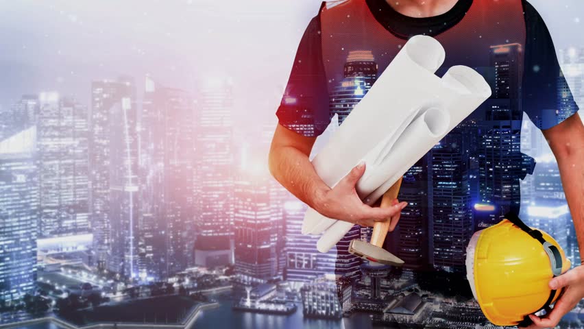 Future building construction and inventive engineering project concept with HUD hologram graphic design. Building engineer, architect people or construction worker works with modern civil technology.
