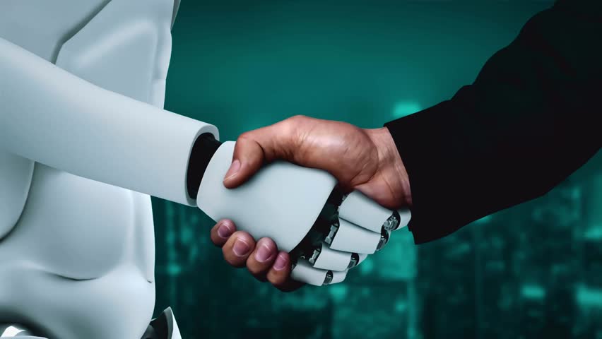 Future financial technology controll by AI robot huminoid uses machine learning and artificial intelligence to analyze business data and give advice on investment and trading decision . 3D rendering .