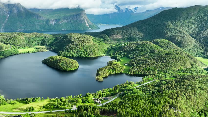 Aerial shot of the amazing landscapes along the coast of Norway