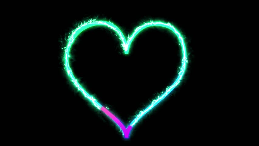 Animated Glowing Heart Outline with Dynamic Electric Energy Effect on Black Background,Neon Heart Outline with Green and Blue Glow,Digital Valentine's Day Design,Glowing Heartbeat Line with Vibrant 