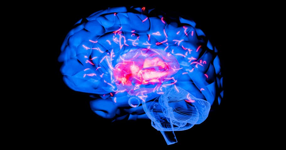 Detailed illustration of neuron communication inside the brain with energy pulses and synaptic flashes, ideal for science and medical research – 3D Rendering
