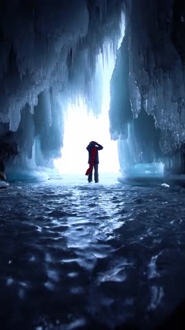 Ice blue cave or grotto on frozen lake Baikal with man tourist. Beautiful winter landscape with sunset.