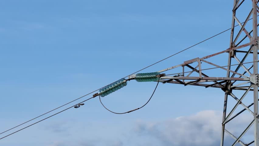 Detailed view of glass insulators and power cables connected to the arm of a high-voltage transmission tower, with clear blue sky background.