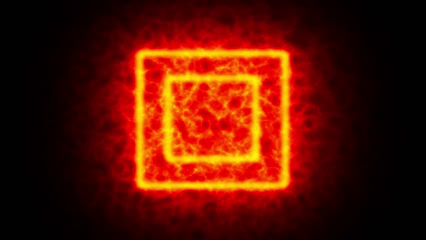 The moving animation takes the form of a square frame that glows in the dark like a saber sword. Background of rotating glowing square.