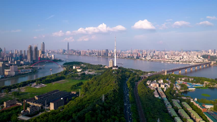Aerial view of Wuhan skyline and Yangtze river with supertall skyscraper under construction in Wuhan Hubei China.