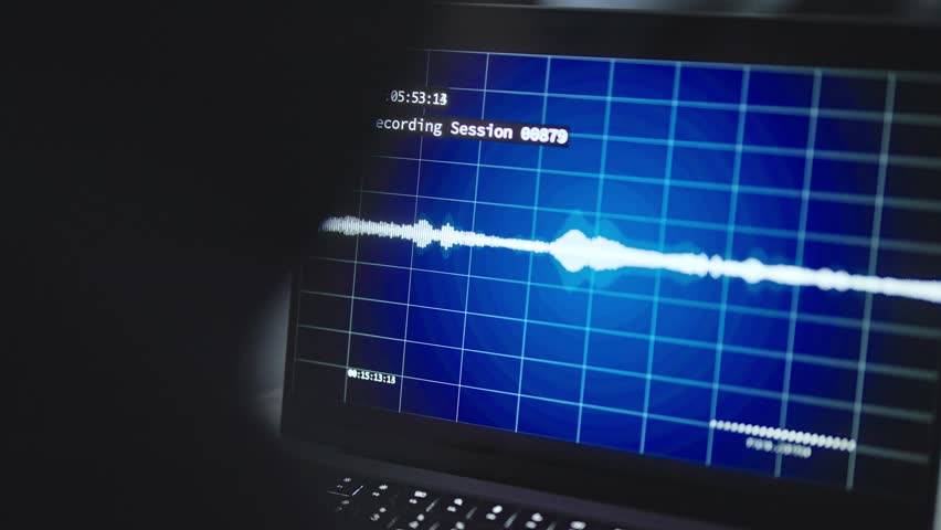 Over the shoulder on laptop computer with audio sound waves of wiretapping. Spy or secret agent or hacker listening to recorded conversation. Criminal investigation or surveillance with hidden mics