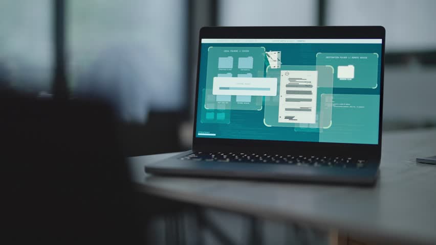 Cybersecurity secret files uploaded and copied with remote access into server. Security breach of government agency classified information archive. Laptop computer with malware stealing files