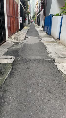 A perspective view down a narrow residential back alley, lined with houses and metal gates