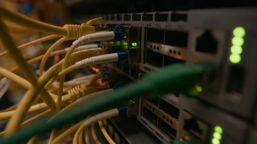 Close up no people shot of connected yellow and green network cables plugged into server ports with LED indicators in data center