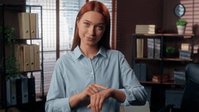 Dissatisfied angry Caucasian woman female girl businesswoman business leader boss authority company CEO office looking at camera pointing on wrist showing time like wristwatch late deadline impatient - Powered by Shutterstock - Get 15% off with code: PIKWIZARD15