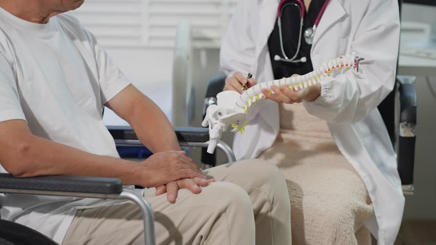 Doctor explains spine surgery using anatomical model, explaining symptoms and treatment to patients.