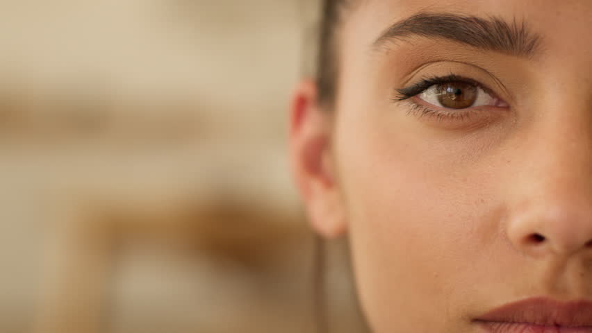 Half face portrait Indian ethnic Hispanic female Arabian girl woman indoors at home smiling looking at camera isolated skincare beauty plastic surgery cosmetology procedures health medicine smile