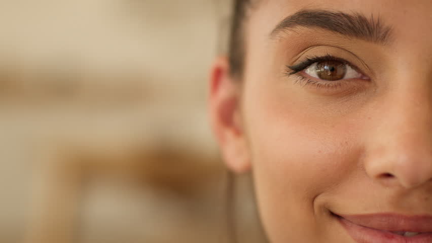 Half face portrait Indian ethnic Hispanic female Arabian girl woman indoors at home smiling looking at camera isolated skincare beauty plastic surgery cosmetology procedures health medicine smile
