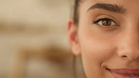 Half face portrait Indian ethnic Hispanic female Arabian girl woman indoors at home smiling looking at camera isolated skincare beauty plastic surgery cosmetology procedures health medicine smile - Powered by Shutterstock - Get 15% off with code: PIKWIZARD15