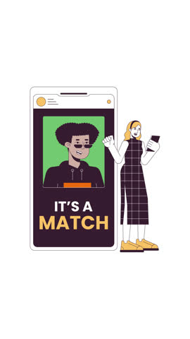 Successful match on dating app 2D vertical animation. Cheerful young woman celebrating mutual romance with smartphone animated character cartoon flat concept metaphor 4K video isolated on white