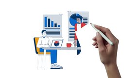 Diverse professionals discussing charts and graphs hand drawn 2D characters animation. Business meeting presentation. Statistics analysts animated people handdrawn on white. Cartoon doodle 4K video - Powered by Shutterstock - Get 15% off with code: PIKWIZARD15