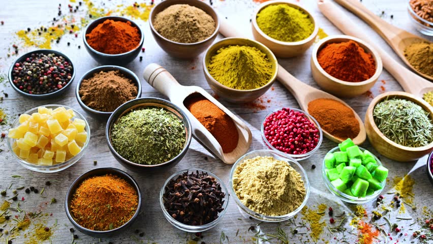 Composition with assortment of spices and herbs.