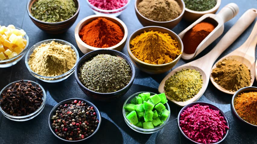 Composition with assortment of spices and herbs.