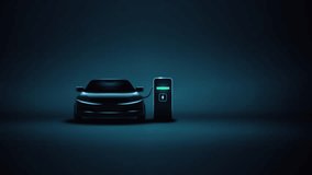Electric car fully charging battery using fast DC charger with charge level scale on dark blue background. Futuristic design of hybrid car power level indicator. Horizontal. 4k - Powered by Shutterstock - Get 15% off with code: PIKWIZARD15