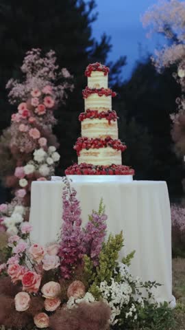 Vertical footage. Beautiful wedding cake decorated with berries on the table with white tablecloth near outdoor wedding arch decorated with white, red, pink flowers at night, slow motion.