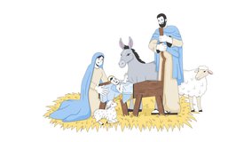 Nativity with baby Jesus and family 2D bible characters animation. Divine newborn in manger, surrounded by Mary, Joseph, donkey, lambs animated people cartoon 4K video isolated on white transparent - Powered by Shutterstock - Get 15% off with code: PIKWIZARD15