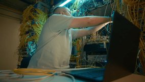 Low angle view of male Caucasian specialist using laptop connecting wire to network system in data center - Powered by Shutterstock - Get 15% off with code: PIKWIZARD15