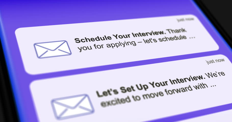 Interview Invitation incoming messages on smartphone screen, job interview appointment sms, list of scrolling messages, footage 