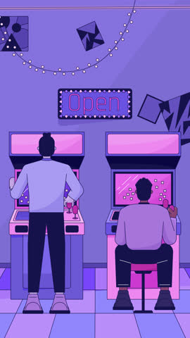 Retro gaming night at neon arcade lofi vertical animation. Open sign 80s vibe gamers buddies joysticks playing. Fun memories. Lo fi 2D cartoon animated 4k video. Chill aesthetic, live wallpaper