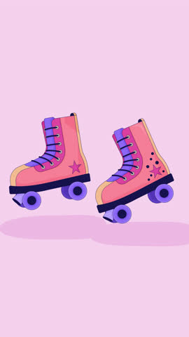 Cheerful 80s roller skates in motion lofi vertical animation. Retro skating shoes movement. Vintage fun. Rollerskates riding. Lo fi 2D cartoon animated 4k video. Chill aesthetic, live wallpaper