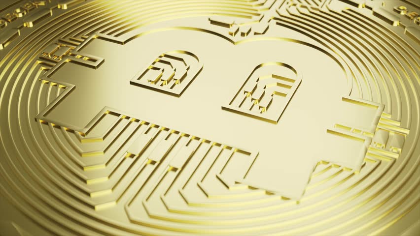 Close-up 4K animation of a golden Bitcoin rotating slowly. Smooth loop, ideal for background use in crypto promos, finance videos, intros, and motion graphics.