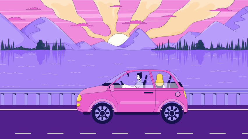 Roadtrip couple driving scenic sunset lake highway lofi animation cartoon wallpaper. Evening car travel. Mountain lakeside road trip. Lo fi 2D animated background 4k video. Concept chill aesthetic