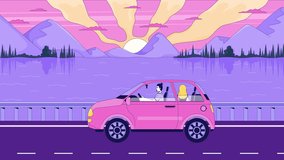 Roadtrip couple driving scenic sunset lake highway lofi animation cartoon wallpaper. Evening car travel. Mountain lakeside road trip. Lo fi 2D animated background 4k video. Concept chill aesthetic - Powered by Shutterstock - Get 15% off with code: PIKWIZARD15