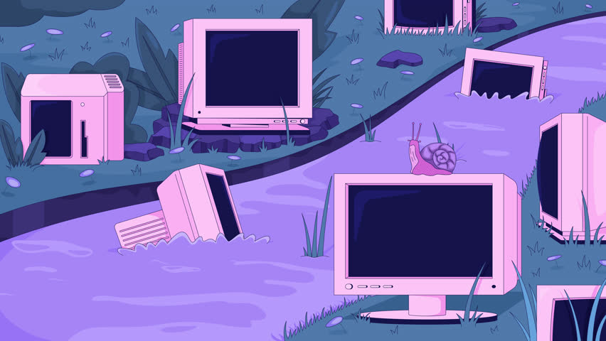 Abandoned CRT monitors in grassy stream lofi animation cartoon wallpaper. Nature reclaiming. Slow technology. Outdated computers swamp. Lo fi 2D animated background 4k video. Concept chill aesthetic