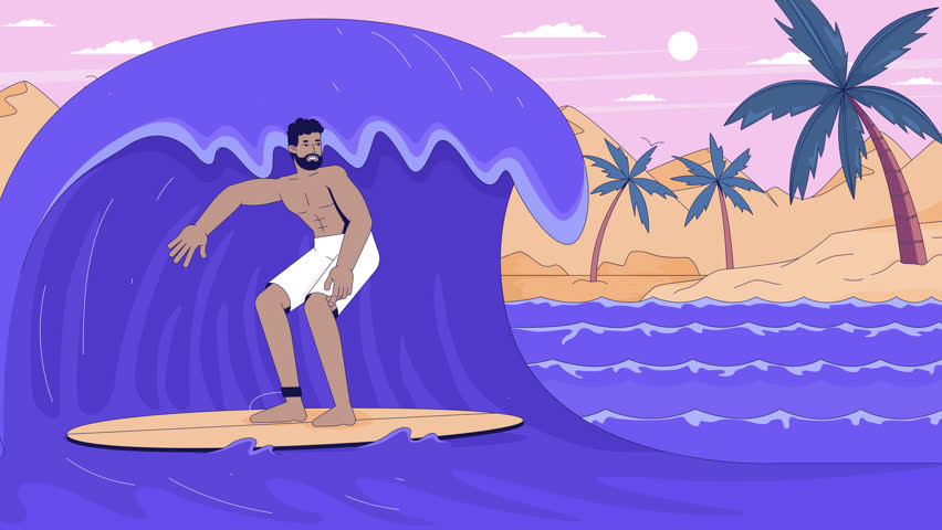 Male surfer riding big ocean wave near tropical beach lofi animation cartoon wallpaper. Surfing culture. Summer activity. Surfboard man. Lo fi 2D animated background 4k video. Concept chill aesthetic