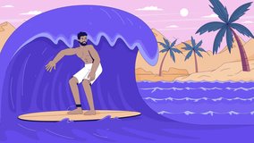 Male surfer riding big ocean wave near tropical beach lofi animation cartoon wallpaper. Surfing culture. Summer activity. Surfboard man. Lo fi 2D animated background 4k video. Concept chill aesthetic - Powered by Shutterstock - Get 15% off with code: PIKWIZARD15