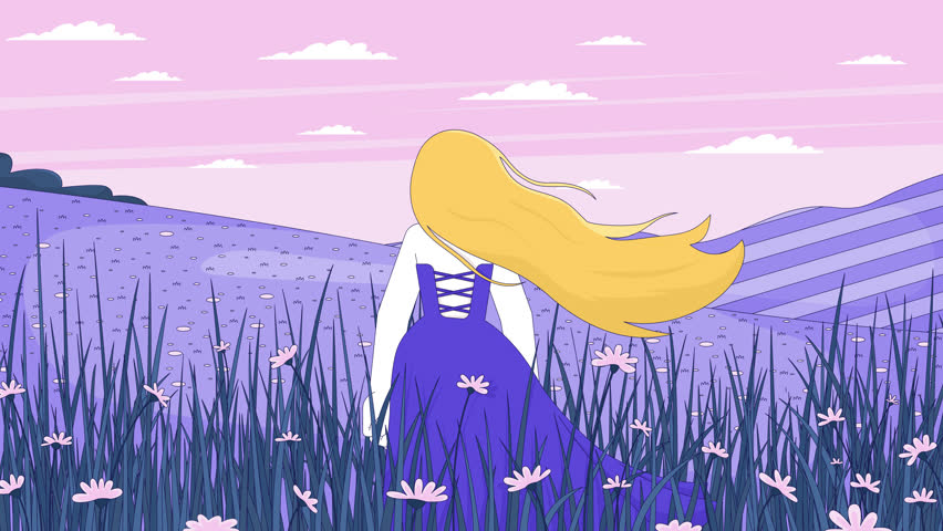 Lofi girl in flowing dress contemplating in wildflower meadow at sunset animation cartoon wallpaper. Gentle breeze woman field flowers. Lo fi 2D animated background 4k video. Concept chill aesthetic