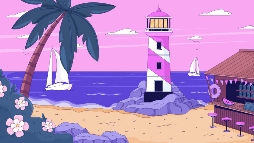 Sunset ocean bay lighthouse with beach bar lofi animation cartoon wallpaper. Sailing boats, palm tree. Coastal beacon tropical shore. Lo fi 2D animated background 4k video. Concept chill aesthetic