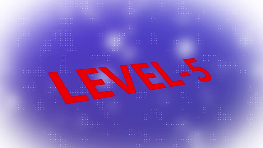 3d text level concept. Level 5 text animation with holographic gradient and dot pattern on black background