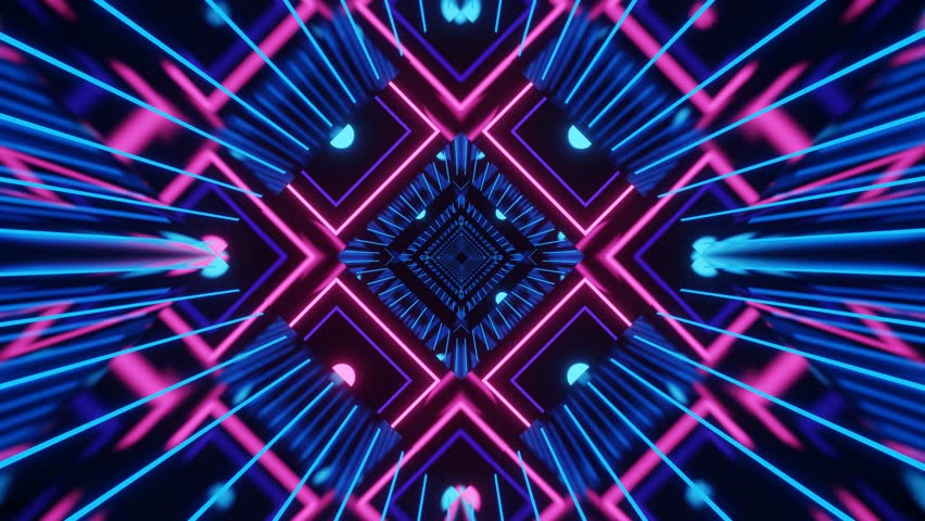 An illustration of an abstract, looping video background with neon pink and blue geometric patterns