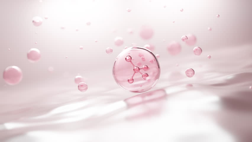 Floating molecule inside soft pink serum drop on liquid surface. Perfect for luxury skincare, cosmetic product design, and clean beauty innovations.