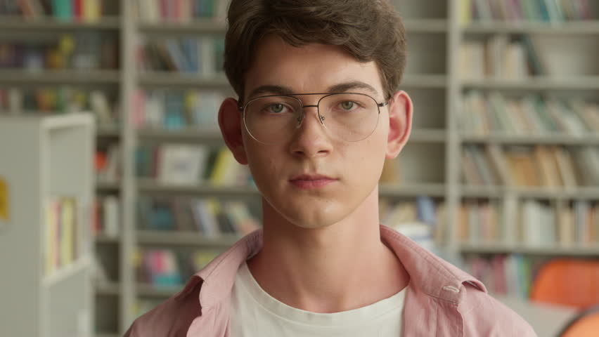Portrait indoors in school library book store university college academy serious calm Caucasian student boy in glasses looking at camera gaze man male schoolboy guy education studying headshot frown - Powered by Shutterstock - Get 15% off with code: PIKWIZARD15